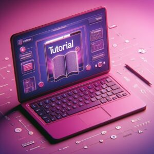 Notebook rosa com tutorial na tela